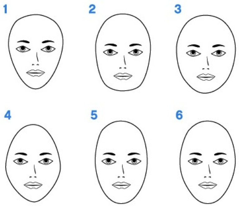 to right: heart-shaped face, square face, round face, diamond face ...