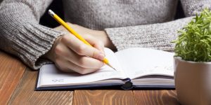 female hands with pencil writing on notebook
